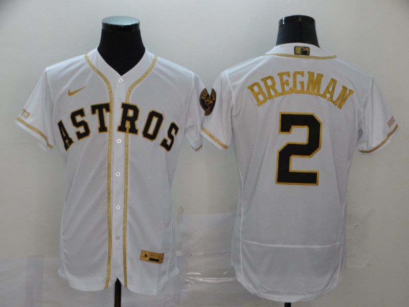 Men Houston Astros 2 Bregman White Retro gold character Nike Elite MLB Jerseys